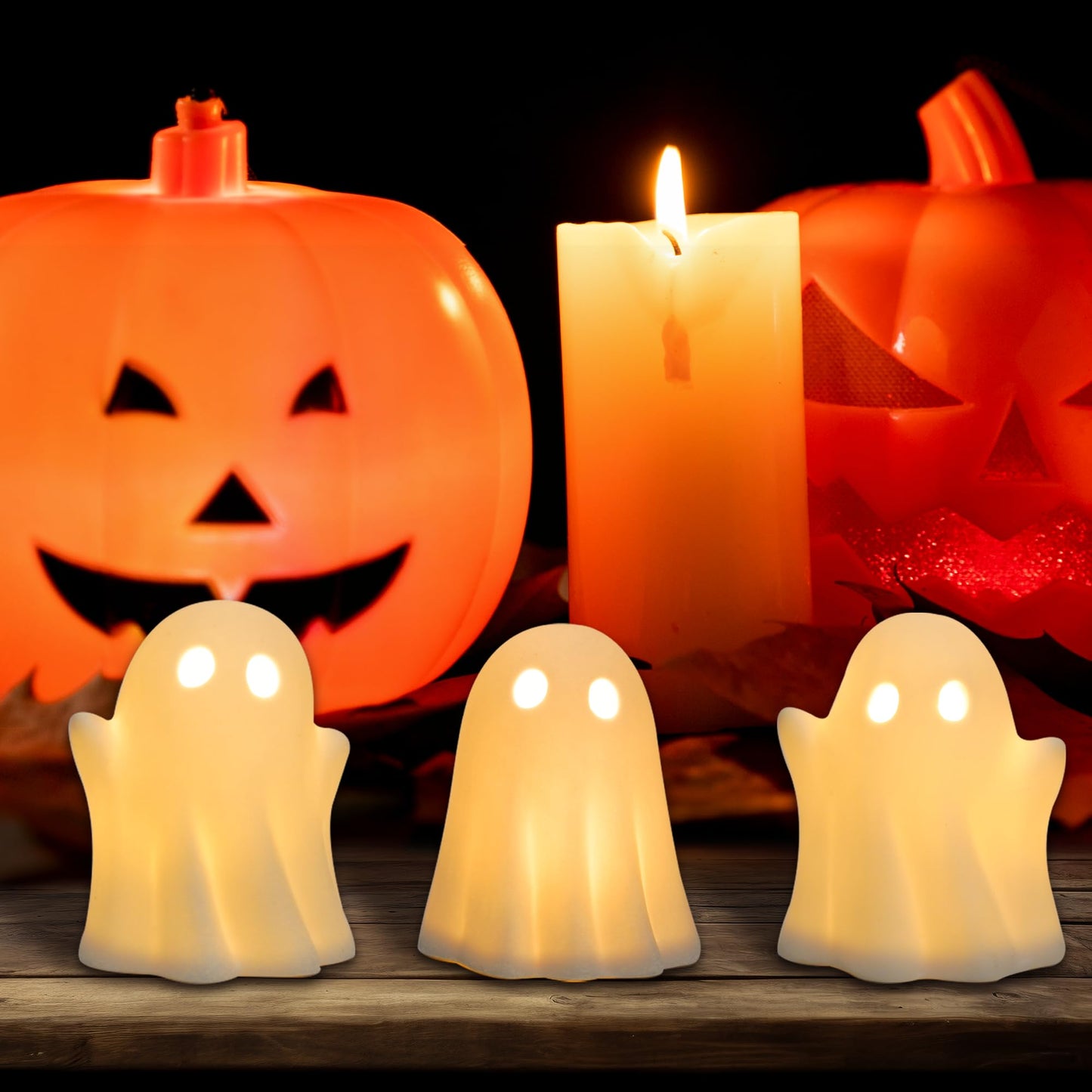 NEROSUN 3 Pack Cute Ghost Light Up Halloween Decor, LED White Ceramic Spooky Flameless Lanterns Decorative Light Fall Halloween Party Decoration for Home Bedroom Room Table Shelf