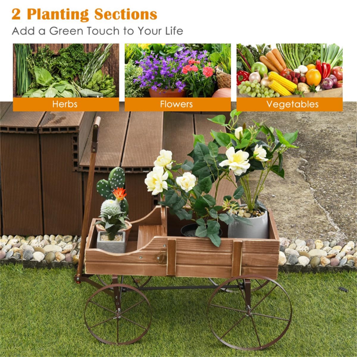 DESIGNSCAPE3D Wooden Wagon Planter Cart – Rustic Raised Garden Bed with Wheels & Handle for Outdoor Patio, Yard, Backyard, Brown Fir Wood Flower Box