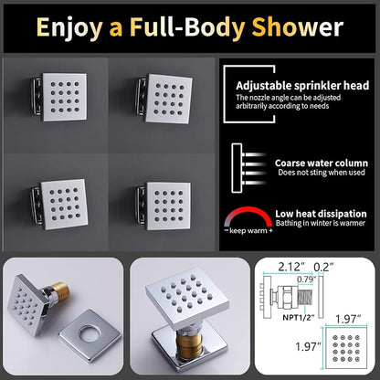 AYIVG Chrome Multi Functions Thermostatic Concealed Shower System 16 X 26 Inch And 8 inch Ceiling Dual Rainfall Shower Heads System Fixtures With Body Jets And Handheld Shower Faucet Set