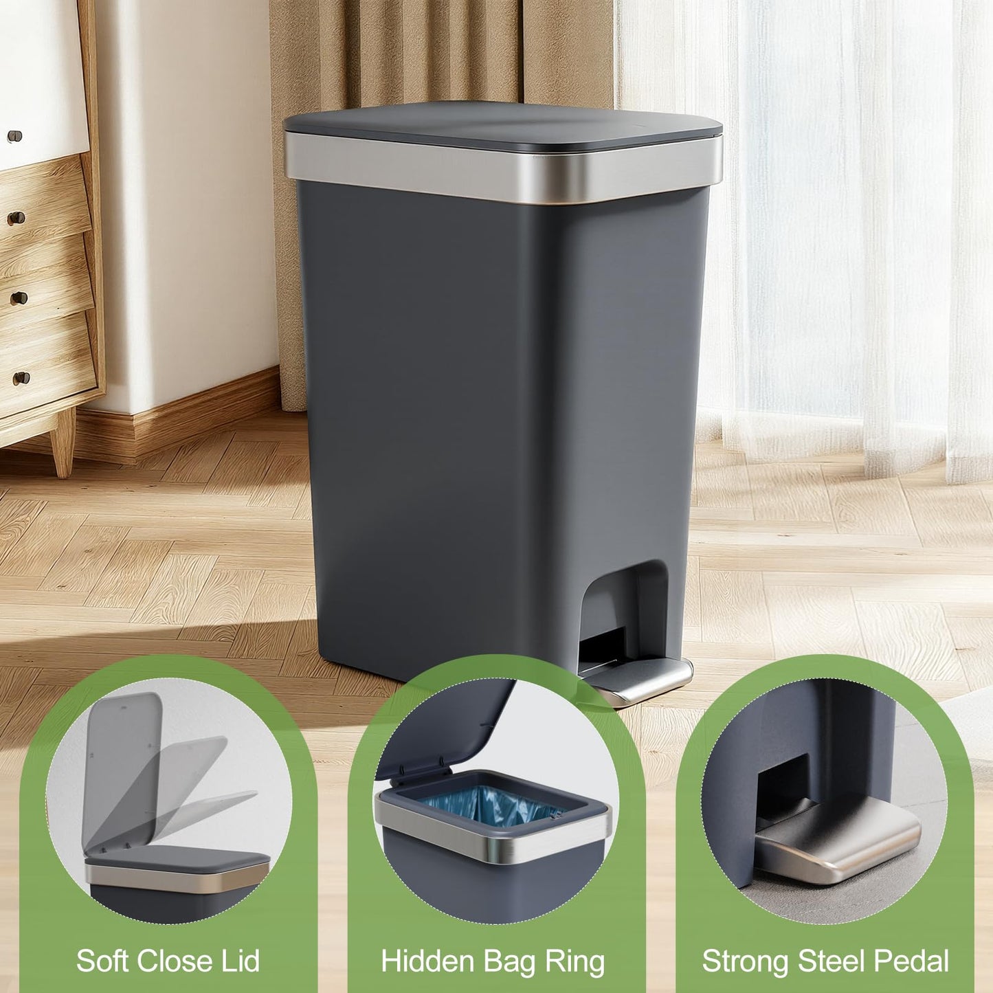 accep 2 Pack Bathroom Garbage Can with Lid, 2.6 Gallon /10 Liter Small Trash Can, Press Top Bin & Step Metal Pedal Trash Bin, Waste Basket for Bedroom, Home Offices, Small Spaces, Dorm (Black Gray)