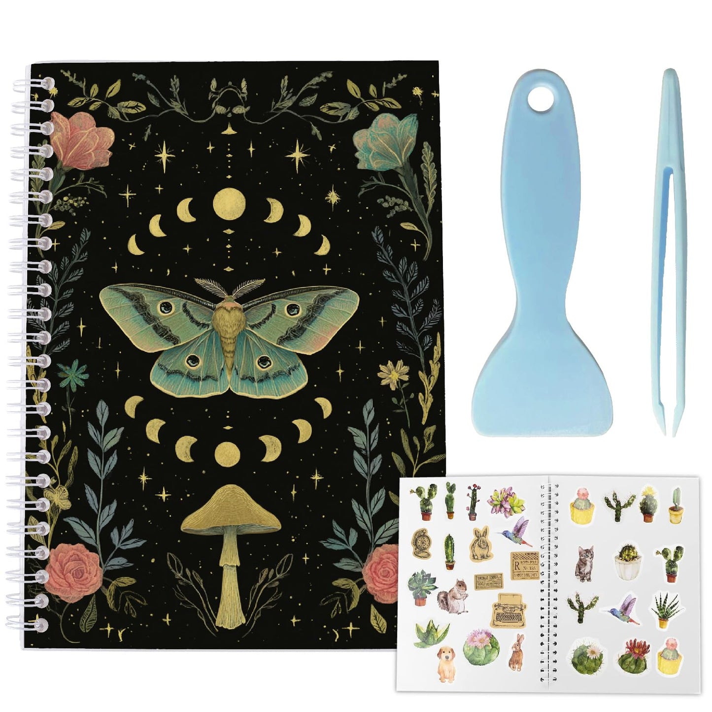 CRASPIRE 40 Sheets Reusable Sticker Storage Book Album A5 Size Blank Sticker Album Organizer Moth Insects Cover Waterproof Release Paper with Scraper Tweezer for Label