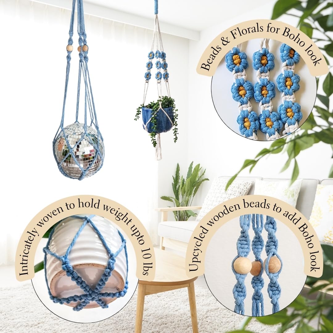 Set of 2 Macrame plant hanger with Daisies & Beads | Hanging plant holder Macrame Plant hangers outdoor and indoor hanging planters Plant stand indoor Boho Decor hanging planter stand (Cloudy Day)
