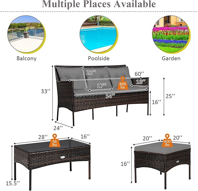 Tangkula 3 Pieces Patio Conversation Set, All Weather Outdoor PE Rattan Wicker