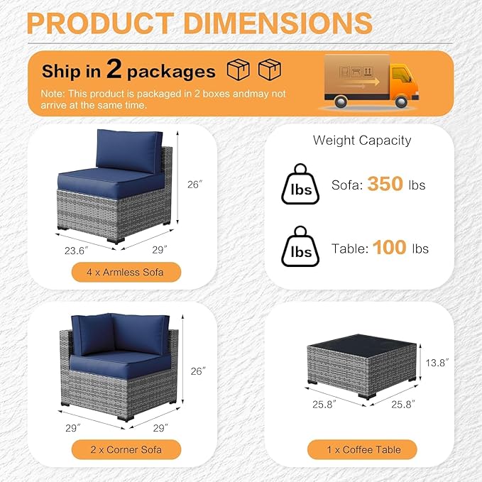 MOCHITO 5 Pieces Outdoor Patio Furniture Sets, All-Weather Sectional Sofa Grey