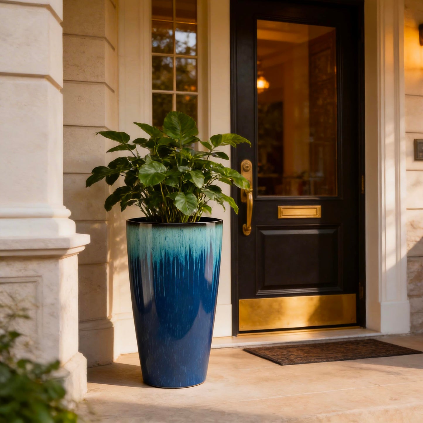 LESOASIS 21 inch Tall Planter, Set of 2 Tall Planters for Outdoor & Indoor Plants, Large Outdoor Planters for Front Porch, Patio, Garden (Blue Flowing Glaze)