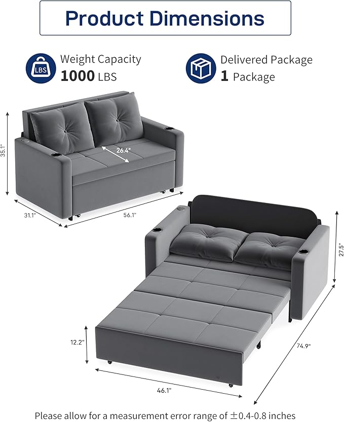 Krcix 3 in 1 Pull Out Couch, 56 Inch Velvet Sofa Bed, Convertible Sleeper Sofa