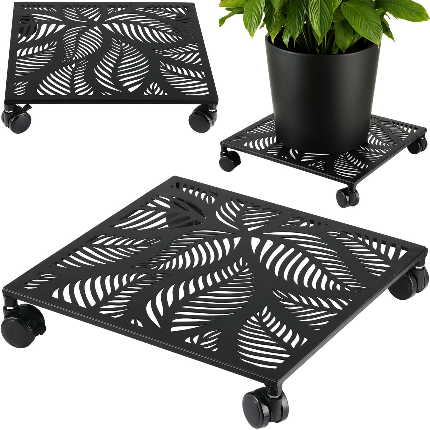 1-Pack 12 Inches Square Metal Plant Caddy with Wheels Heavy Duty Large Rolling Plant Stand Indoor Outdoor Wheeled Planter Dolly Cart with Lockable Casters Flower Pot Mover Roller Trolley, Black
