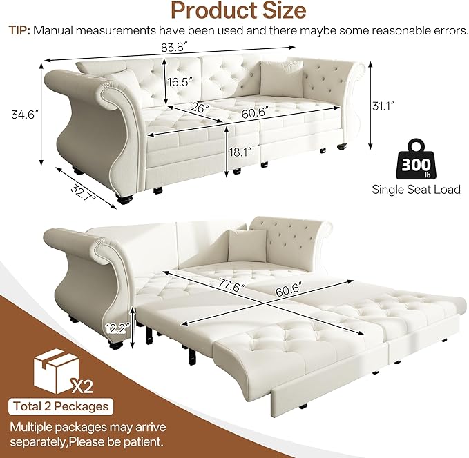 83.8" Oversized Pull Out Sofa Bed, Chesterfield Velvet Sleeper Sofa Couch