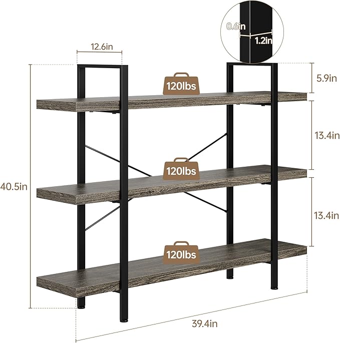 OtterOasis Heavy Duty 3-Tier Industrial Bookcase, 120lbs Shelf Capacity
