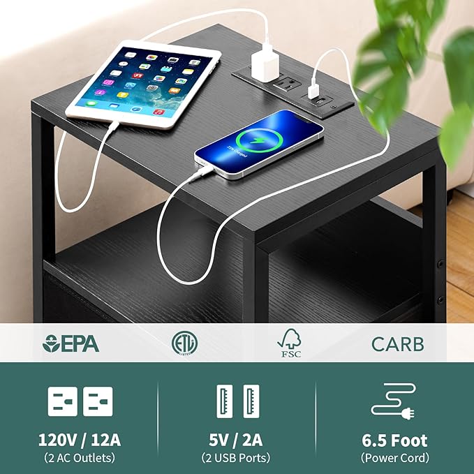 Yoobure Nightstand with Charging Station, LED Night Stand with Fabric Drawers