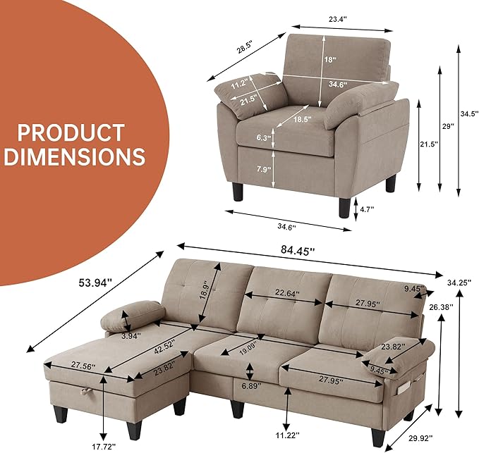 2 Piece Sectional Sofa Set, 3 Seat L Shaped Couches