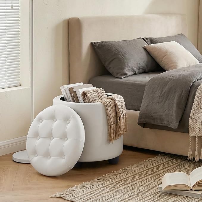 Furniliving Upholstered Button Tufted Round Ottoman, PU Storage Ottoman Round