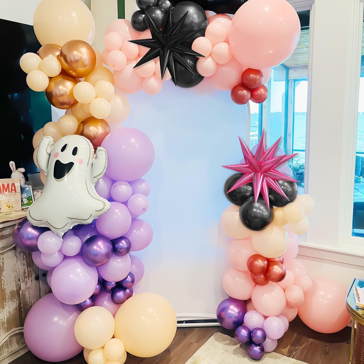 Pastel Halloween Balloon Arch Kit, Purple Pink Orange Black Balloons Garland with Cute Ghost Balloons Pink Explosion Star Foil Balloons for Girls Spooky Birthday Party BOO Halloween Party Decoration