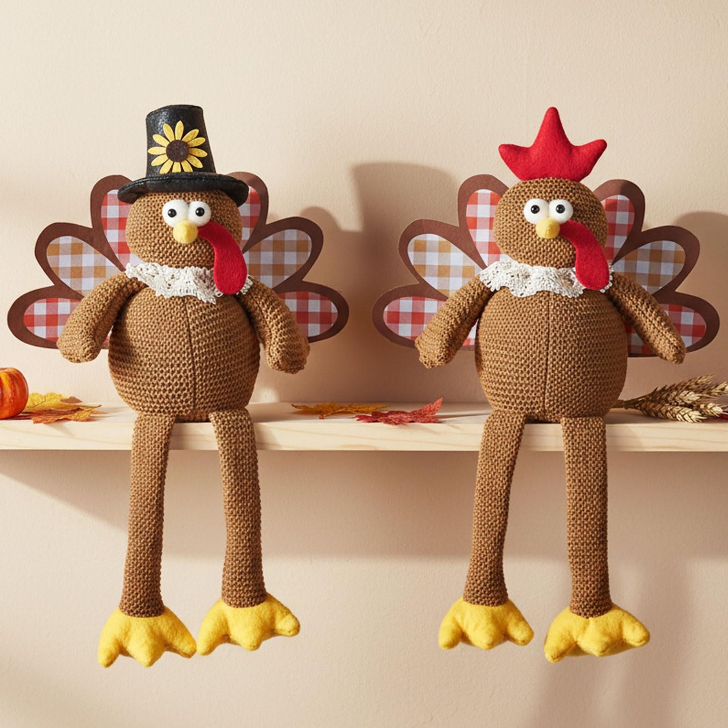 MWDJPXY Christmas Decorations Set of 2 Turkeys with Dangling Legs, Turkey Couple Doll Plush Kit Tabletop Centerpieces for Fall Harvest Home Decor Kitchen Shelf (Brown)