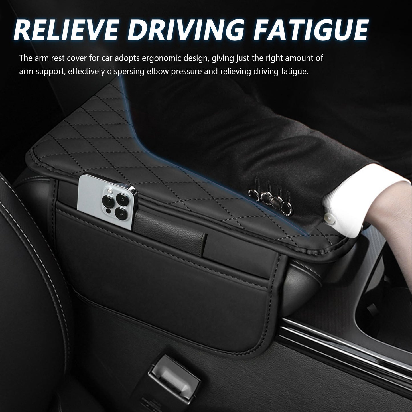 Upgraded Car Center Console Cover,Microfiber Leather Car Armrest Cover Cushion with 2 Storage Bags,Car Armrest Storage Box Car Interior Accessories for Most Vehicles (Black)