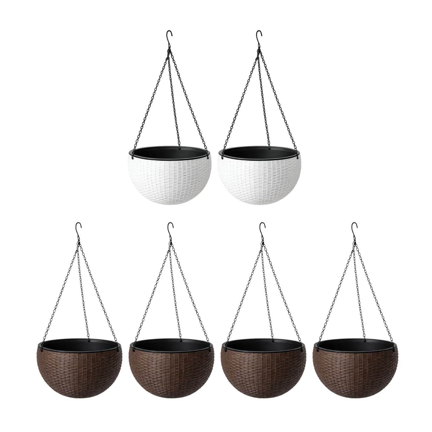 LaLaGreen Bundle- 4 Pack, 11 Inch Brown + 2 Pack, 11 Inch White Self Watering Hanging Plant Pots Round Plastic Flower Baskets with Metal Chain Rattan Style Deck Balcony Decor Porch Patio Indoor Garden