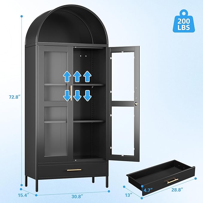 Arched Cabinet with Glass Doors, Modern Kitchen Pantry Cabinet with 2