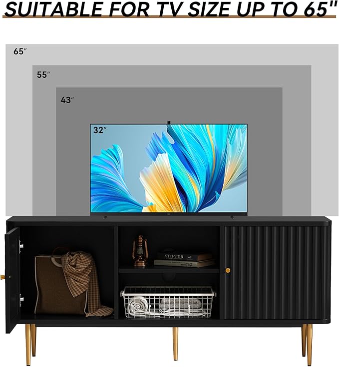 ARTPOWER 55” Fluted TV Stand, Mid Century Modern Black TV Stand