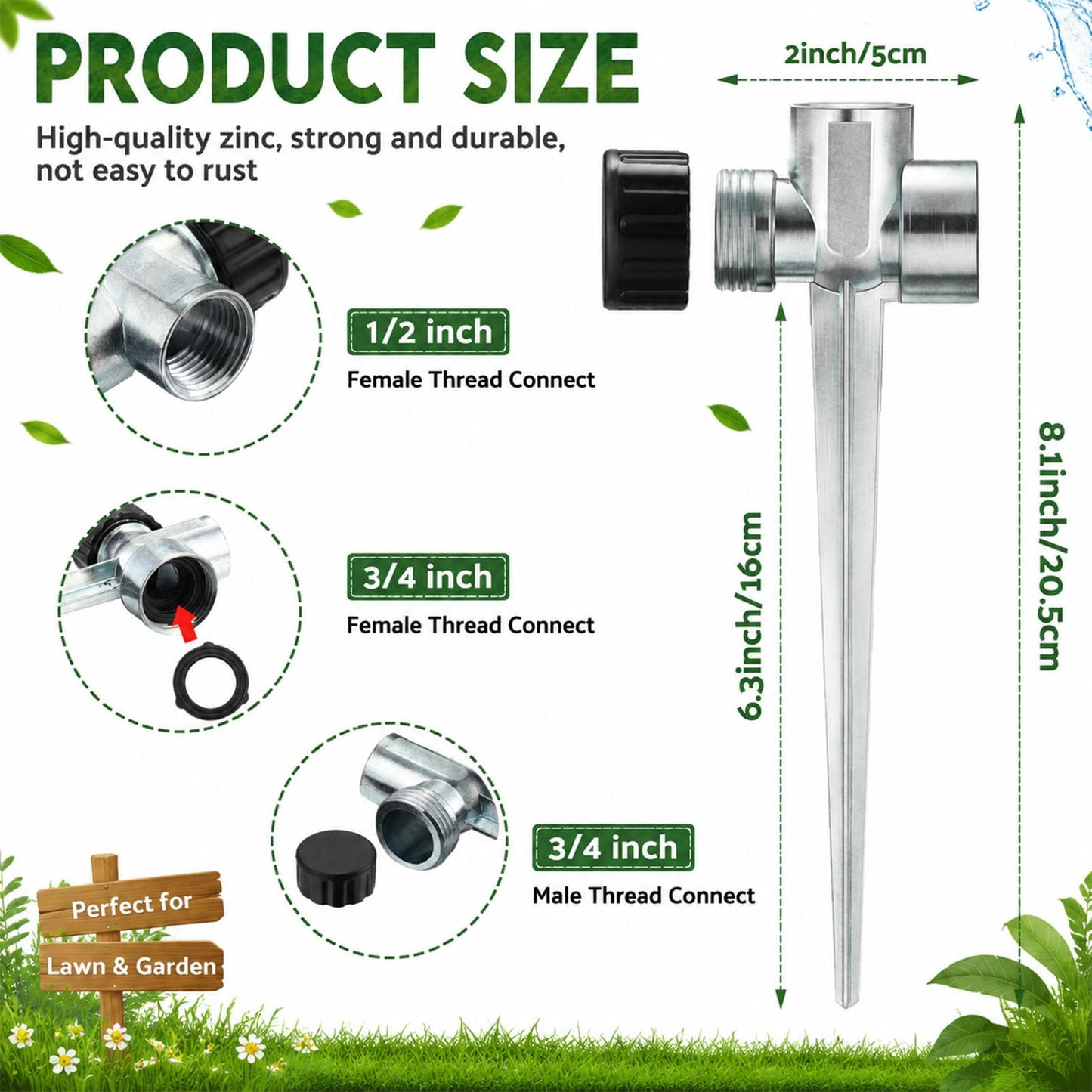 CHENGU 18 Pack 1/2" Lawn Sprinkler Spike Base for Yard, Zinc Heavy Duty Water Flow Thru Sprinkler, Garden, Grass Irrigation, Leakproof Ground Spike, Easy Install