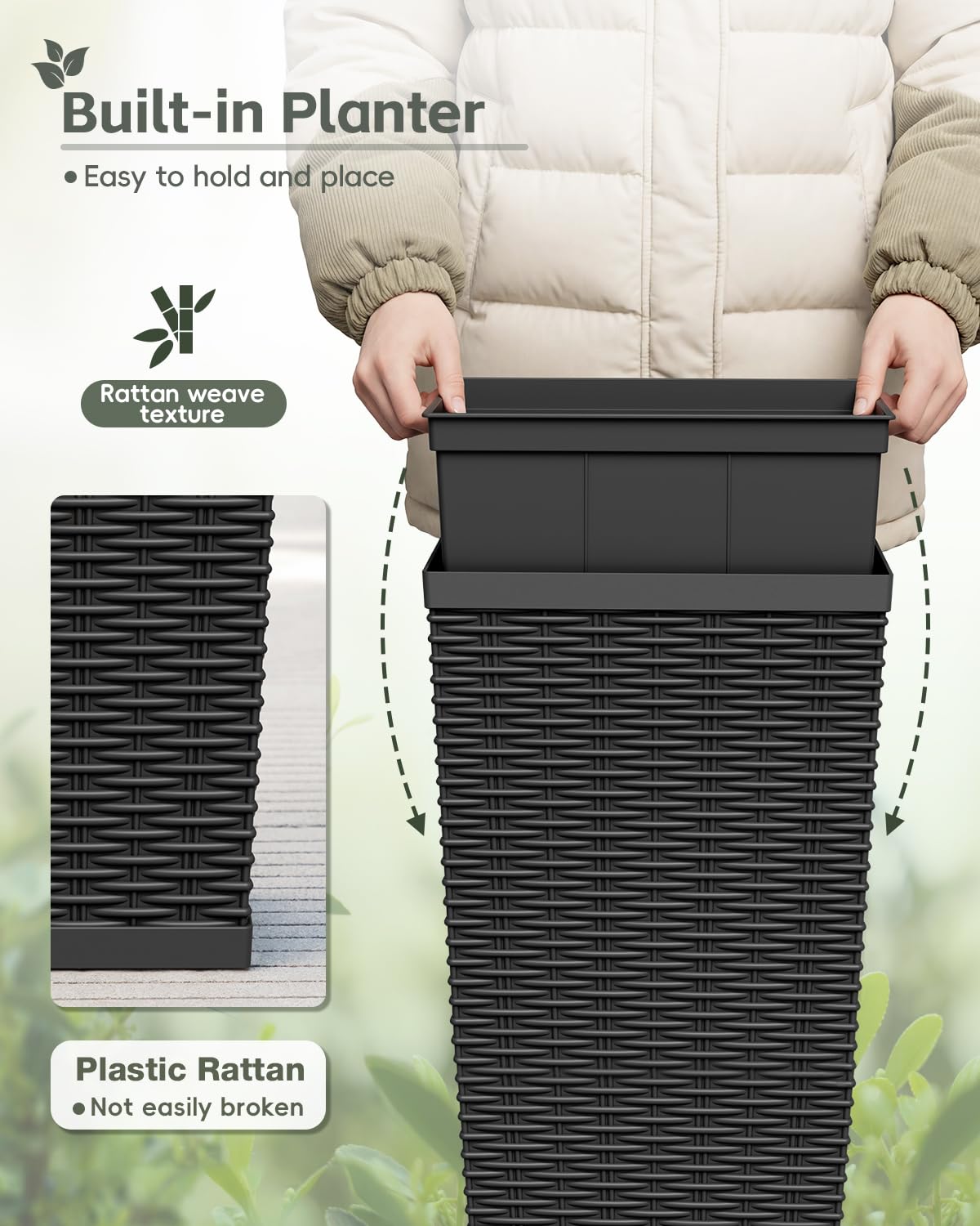 Greesum 23 Inch Tall Plastic Planters (Set of 2), Large Outdoor Flower Pots with Detachable Inner Pot & Drainage Holes for Plants, Trees, Patio, and Garden, Black