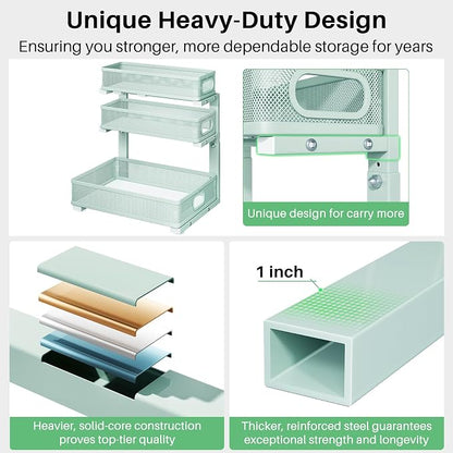 Under Sink Organizer, 2-Pack 3-Tier Height Adjustable Thickened Metal Pull out Cabinet Organizer Shelf, Slide out Storage Drawer Rack for Bathroom Kitchen Pantry Home Organization, LightBlue
