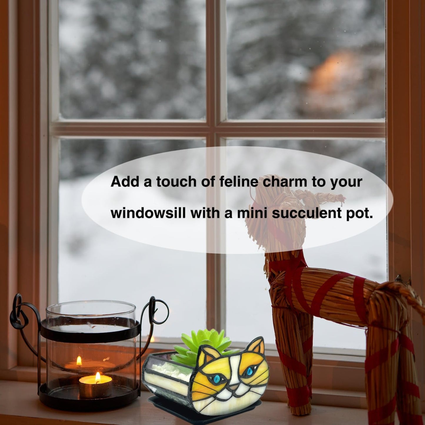 Entlityful Stained Glass Yellow Cat Flower Pot,Small Succulent Planter for Indoor Plants,Cat Plant Decoration for Windowsill 4.33x3.54x2.95 in（Excluding Plants）