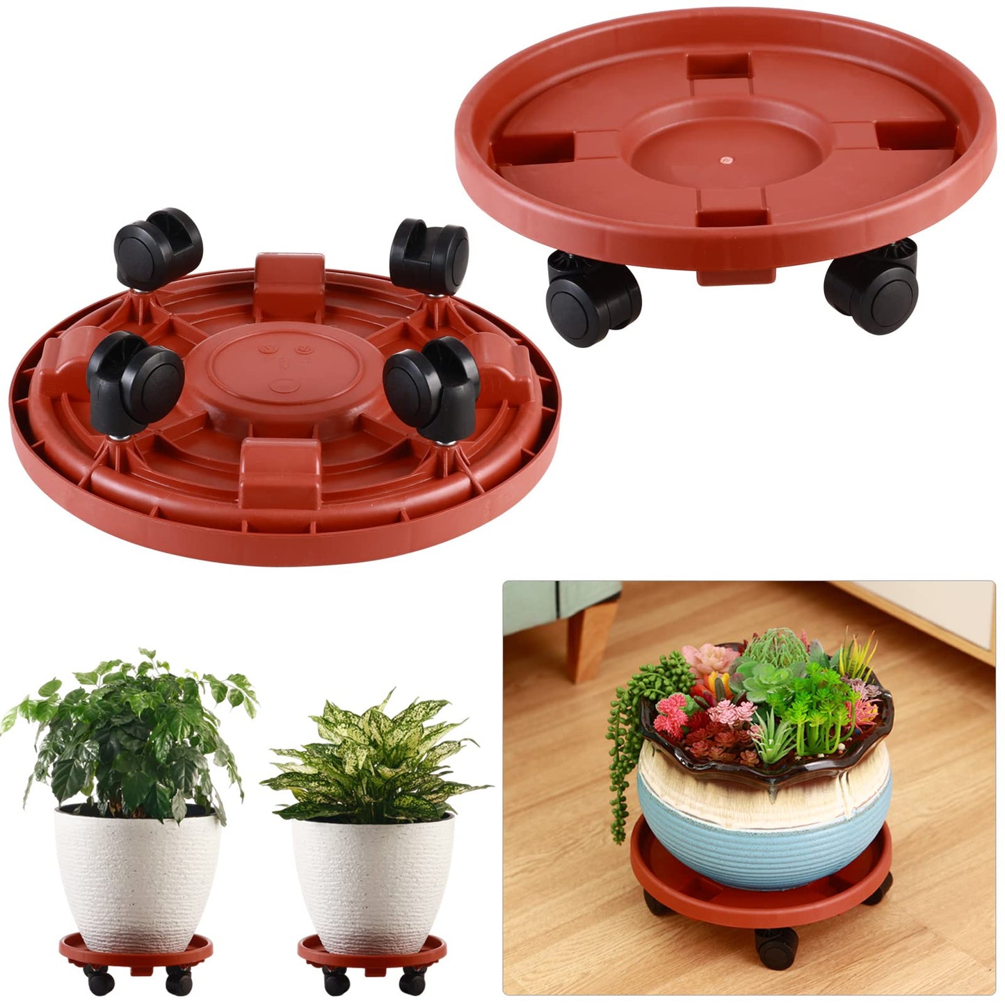 3 Pakcs Large Plant Caddy with Wheels 15.8" Rolling Plant Stands Heavy-duty Plastic Plant Roller Base Pot Movers Plant Saucer on Wheels Indoor Outdoor Plant Dolly with Casters Planter Tray Red