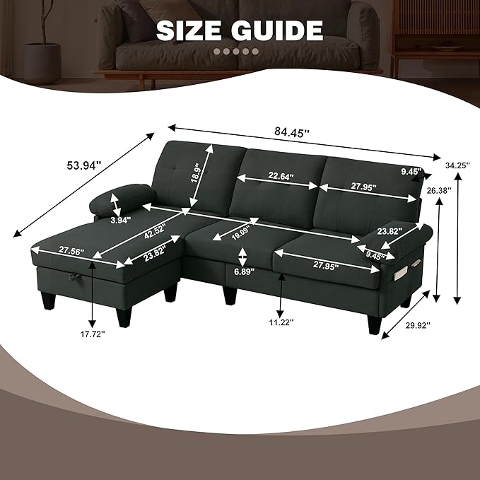Sectional Sofa Couch for Living Room, Deep 3-Seater L Shaped Couches