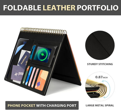 Clipboard with Storage for Men Women, Leather Padfolio Portfolio Organizer 5 Folders with 10 Pockets, Spiral Clipboard Folio with Notepad for Letter Size, Elastic Closure and Pen Loop Black