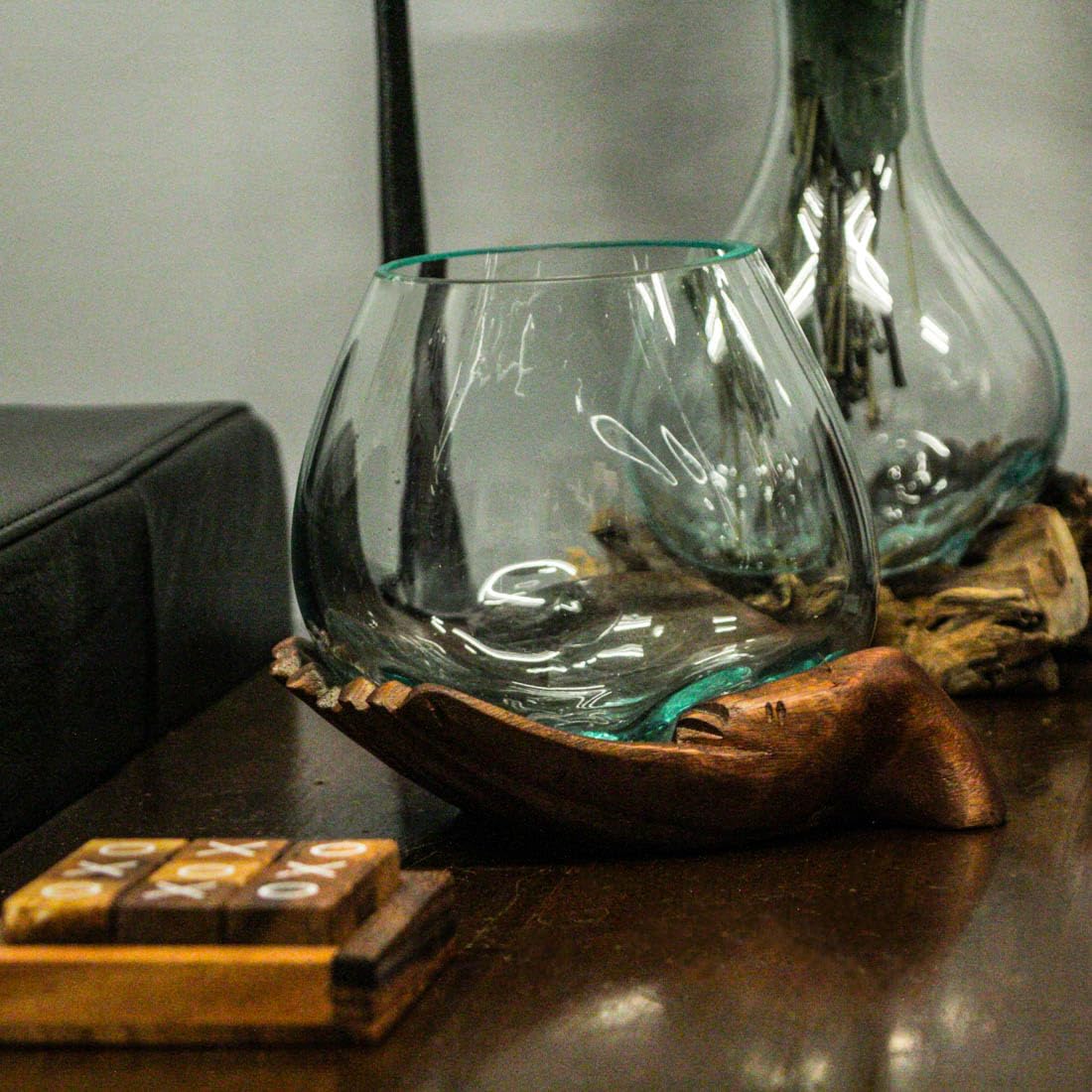 Blown Molten Glass and Carved Wood Hands Decorative Bowls, Vases, and Terrariums, 6 Inches High