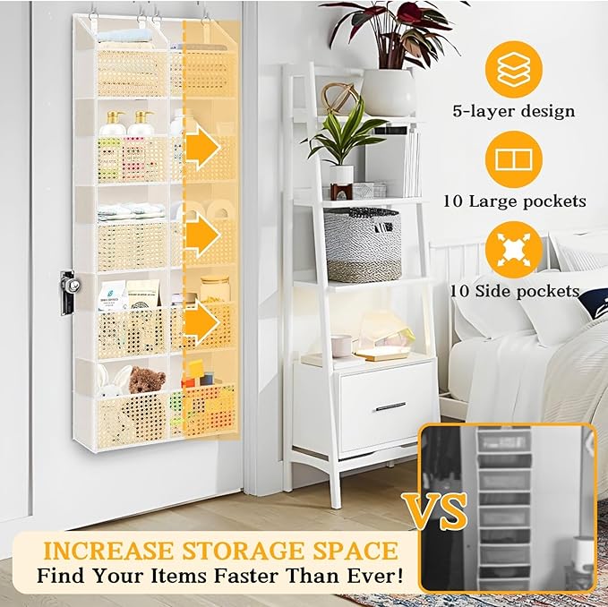 Over The Door Organizer 5 Tiers, Extra Large Behind Door Storage of 10