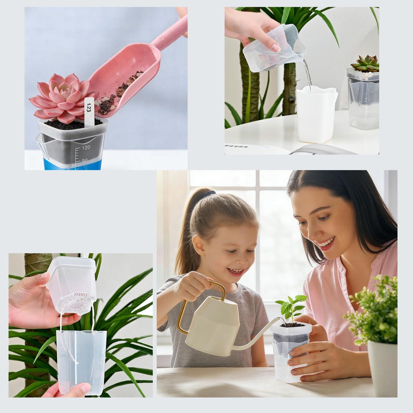 emciba 12 Pack 2.5"/2" Mini Clear Self Watering Pots for Indoor Plants with 2 pcs Transplanting Tool, Small Plastic Propagation Pots for Plants, Water Level Indicator,Drainage Hole,12 Plant Labels