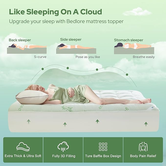 BEDLORE Twin XL Mattress Topper Viscose Derived from Bamboo, Thick Pillow Top