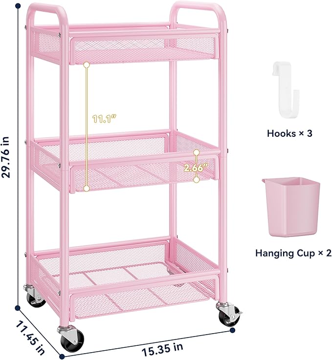 YASONIC 3 Tier Rolling Cart – Metal Utility Storage Cart