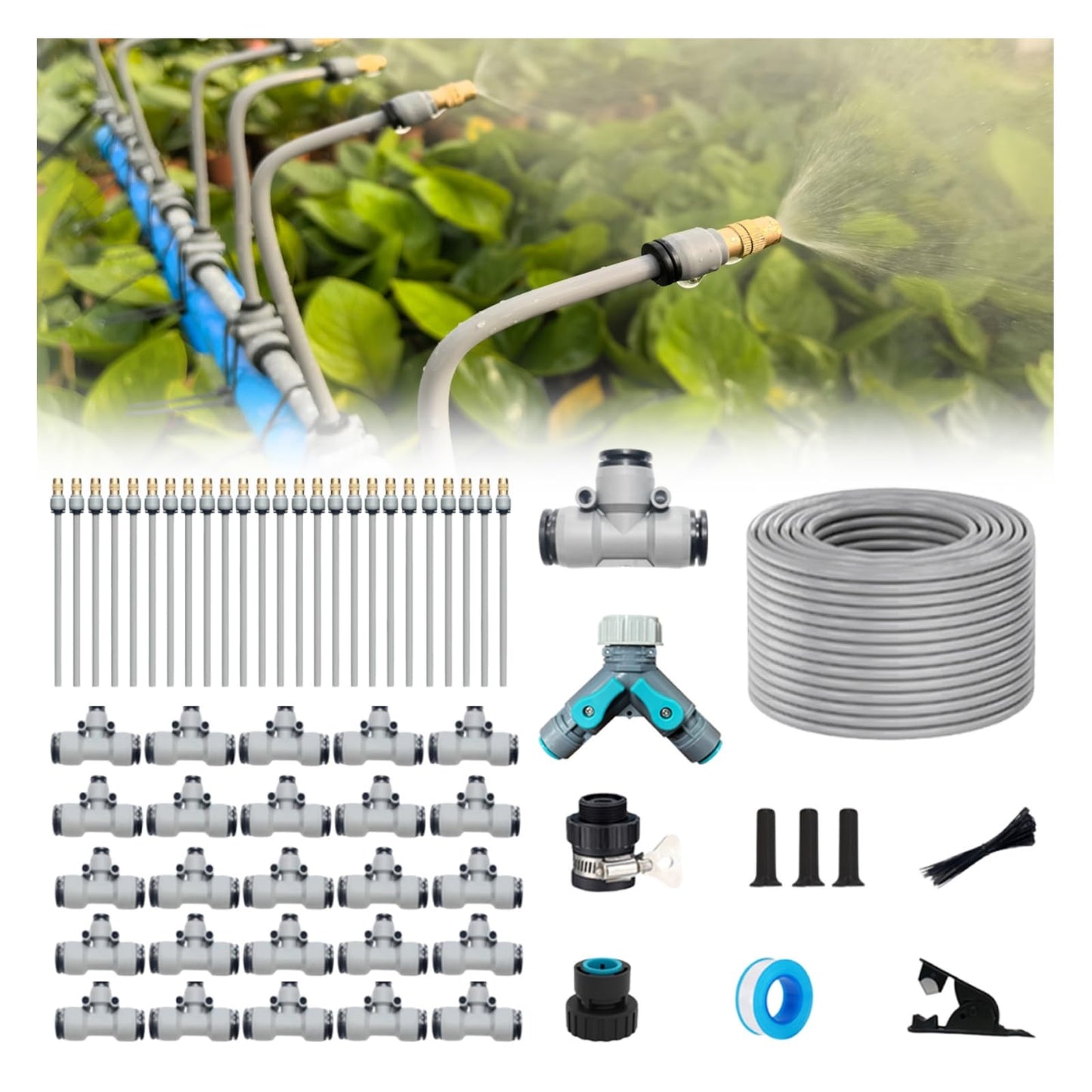 98FT Drip Irrigation Kits,Quick Connector Automatic Irrigation System,with Replaceable Bending Dropper,atomizing Copper Nozzle for Watering System for Garden Plant Lawn Patio. (30M+25Nozzles)