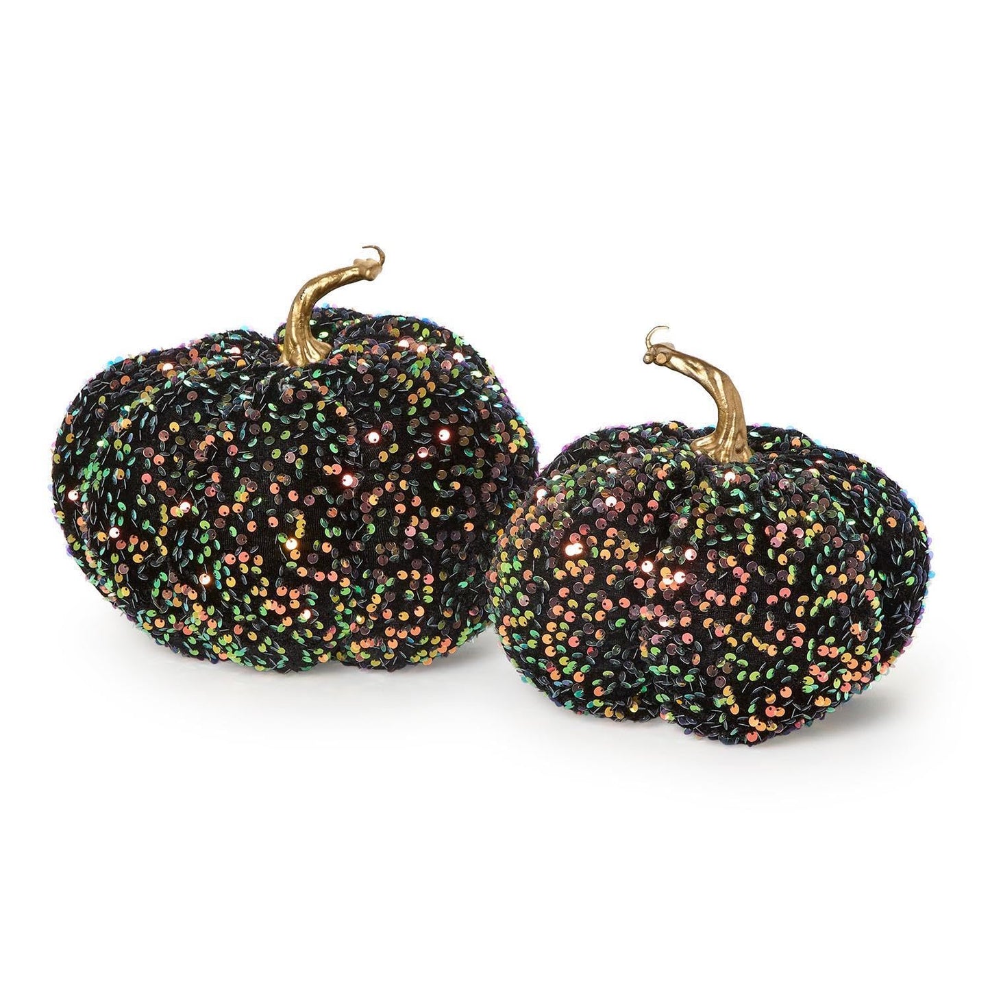 Two's Company Iridescent Sequin Pumpkin Figurines, 9.5-Inch, Plastic, Black, Set of 2
