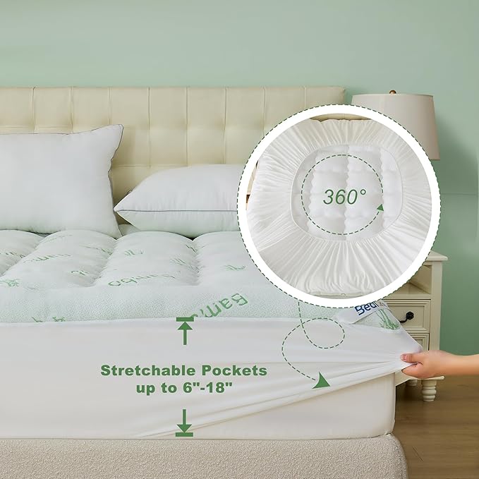 BEDLORE King Mattress Topper Viscose Derived from Bamboo, Thick Pillow Top