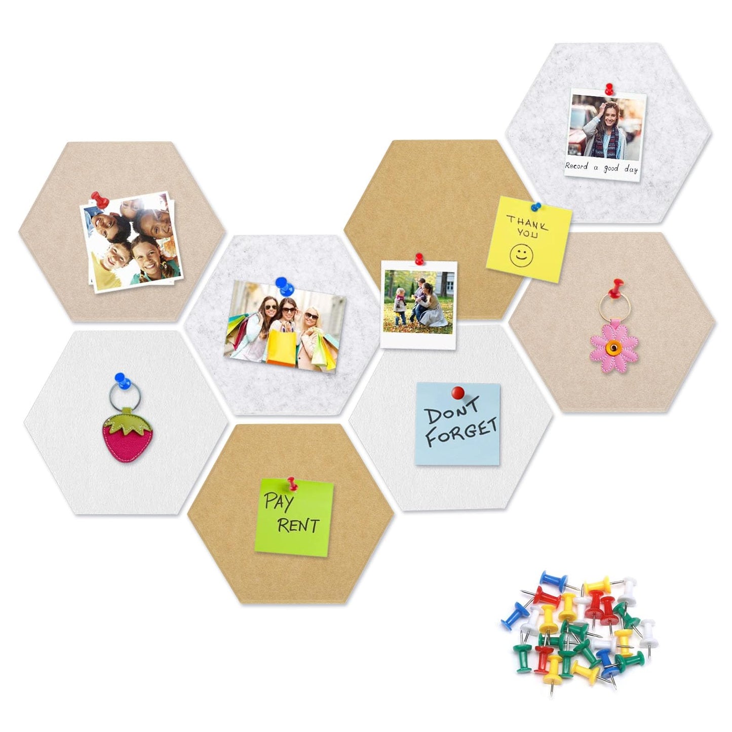 8 Packs White Grey Camel Hexagon Felt Pin Board, 12" Bulletin Board with 30 Push Pins, Felt Board for Home Kitchen Office Decor, Self-Adhesive Corkboard Tiles for Walls Message Photos Memos Display