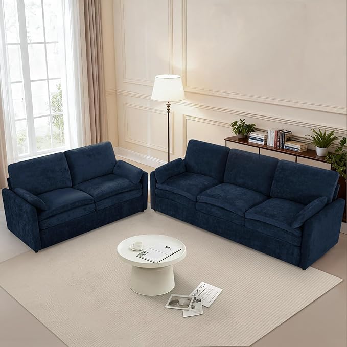 Classic Chenille Sofa Set with 2 Extra Armrest Pillows, Loveseat and 3-Seat