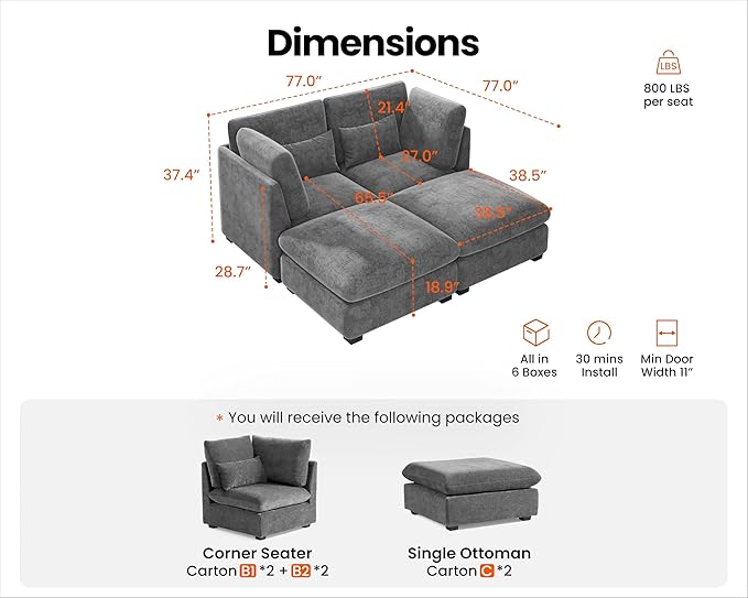 77" Oversized Chenille Couch Modular Sectional Sofa, Washable Cloud Couch