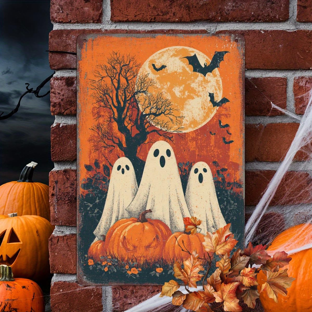Halloween Three Ghosts Full Moon Pumpkin Spooky Retro Metal Tin Sign Wall Art Decor for Home Farmhouse Front Door Halloween Party Indoor Outdoor 8x12 Inch