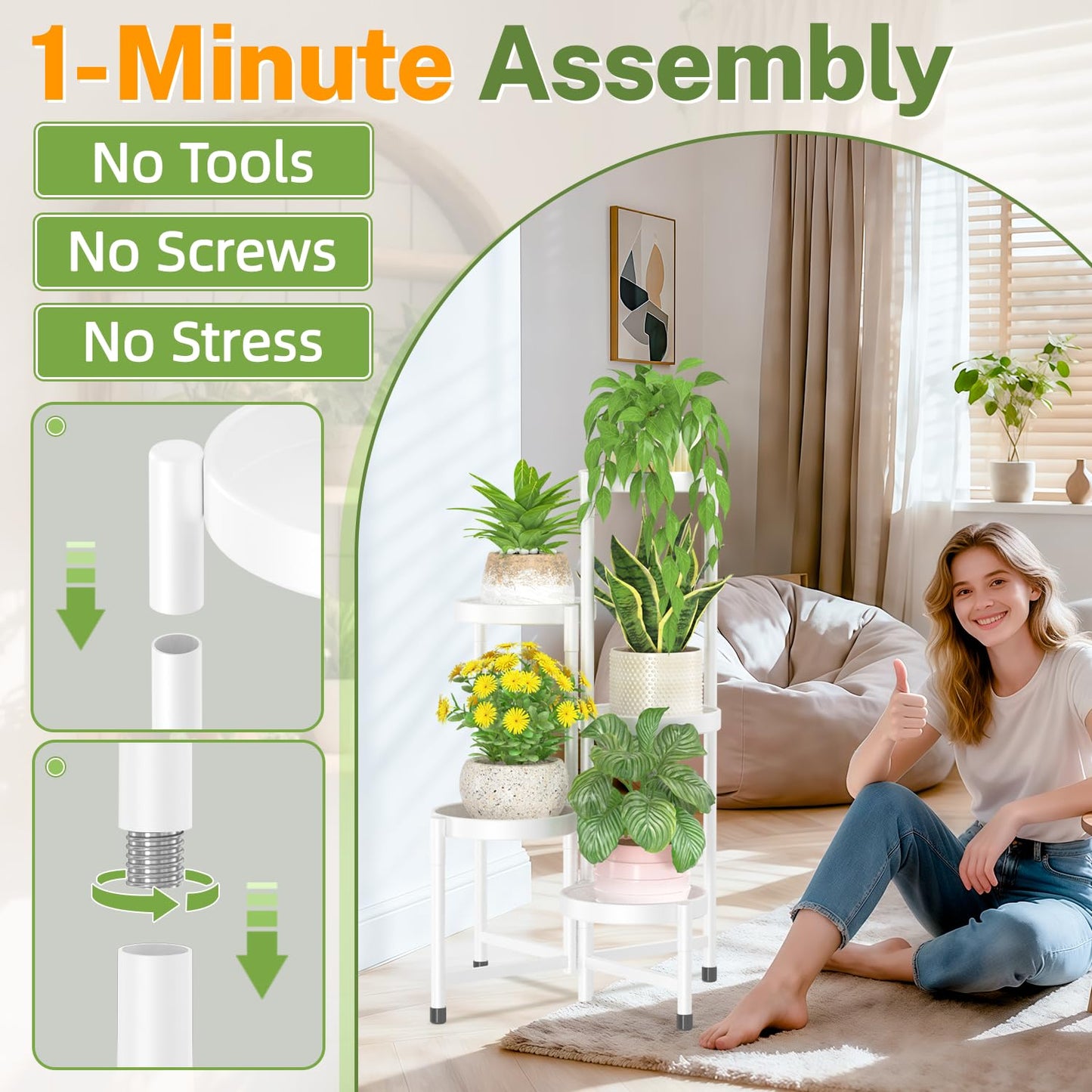 iDavosic.ly Plant Stand Indoor Outdoor, 5 Tier Corner Metal Flower Display Holder Shelf, Folding Tall Orchid Rack for Patio Balcony Porch Garden Living Room House, White