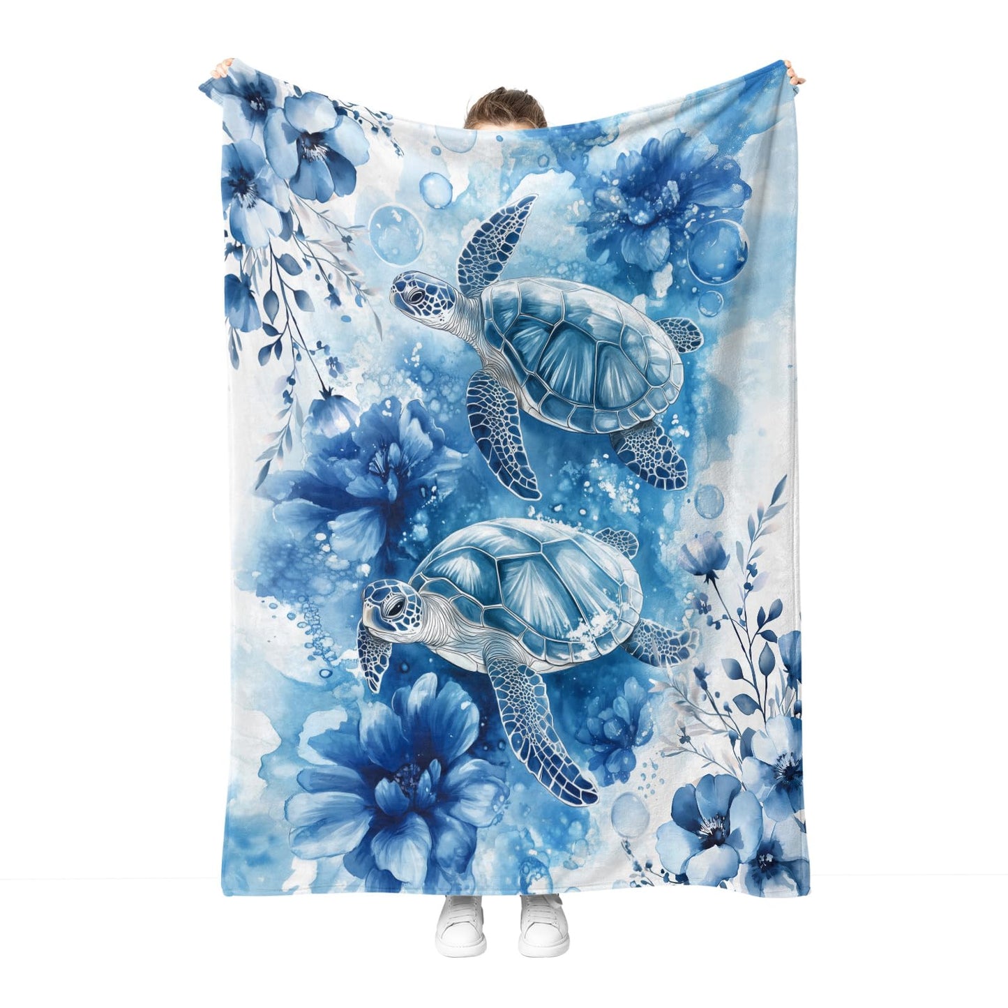Hohoto Sea Turtle Floral Blanket Blue Flowers Ocean Gifts for Women Kids Girls Birthday Christmas Halloween Mother's Day Mom Wife Sisters Female Friends Presents Colorful Throw 60"x80"