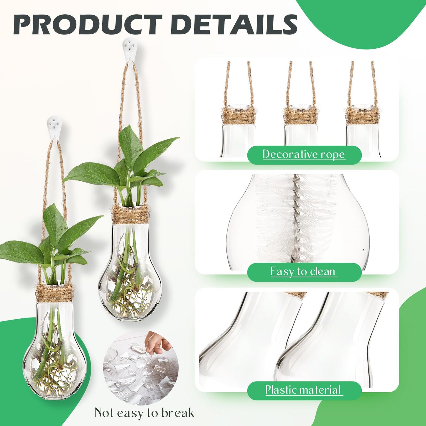 Baderke 6 Pack Hanging Propagation Station 3.9 Inch Plastic Plant Vases with Hooks & Cleaning Brush Clear Window Jars for Plant Clippings, Home Office Decor, Gardening Gifts for Women