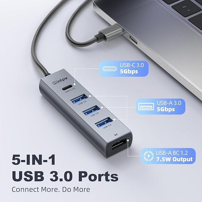 intpw USB C to USB A Hub 5 Ports Type C Hub USB 3.0 5Gbps Aluminum Adapter Multiport USB C Hub for Laptop, Mac, iPad, PC (1.97FT(5in1,BC))
