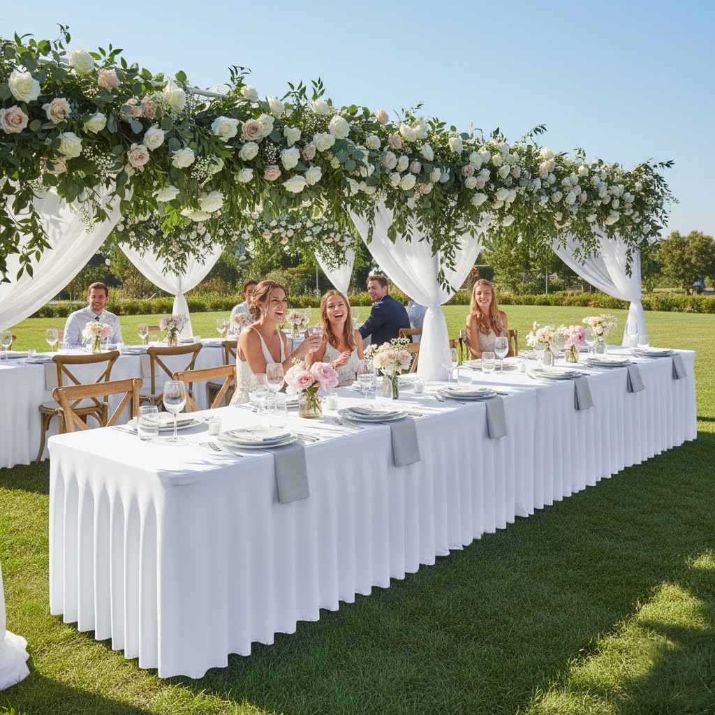 HolidayIdeas 2 Pack Spandex Table Skirt for 6 Ft Rectangle Tables, White Fitted Stretch Tablecloth 30 x 72 Inch, Wrinkle Resistant Ruffle Design for Wedding Banquets, Baby Showers, Parties