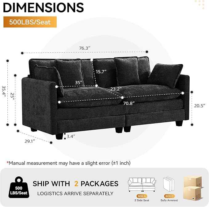 76'' Cloud Deep Seat Loveseat, Upholstered Chenille Modular 2-Seats Sectional