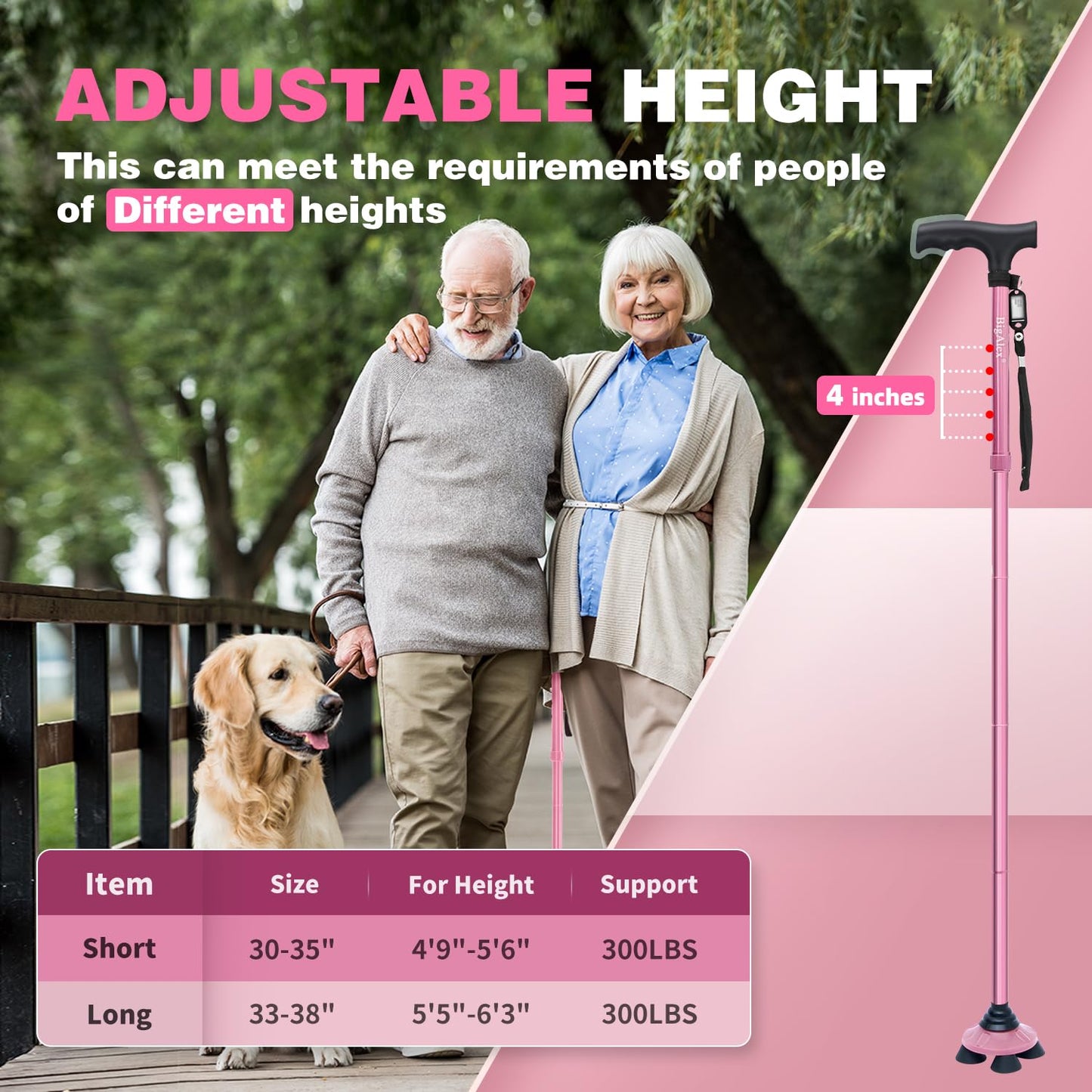 BigAlex Folding Walking Cane for Elderly Adjustable & Portable Walking Stick for Seniors,Pivoting Quad Base,Lightweight,Collapsible with Carrying Bag for Men/Woman