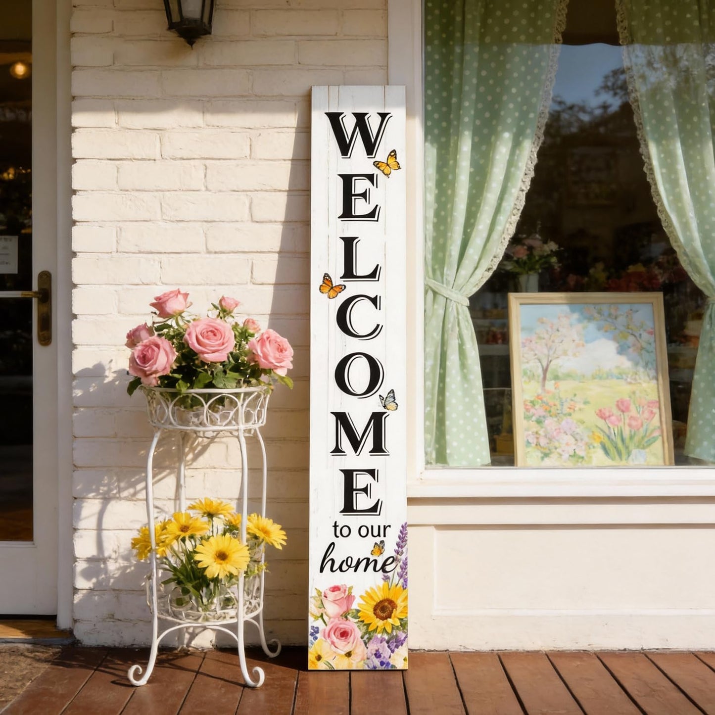 Welcome Sign for Front Door, Large 47 inch Wood Framed Welcome to Our Home Sign with Spring Flower Print & Hanging Rope, Vertical Farmhouse Wooden Board Standing for Outdoor Yard Patio