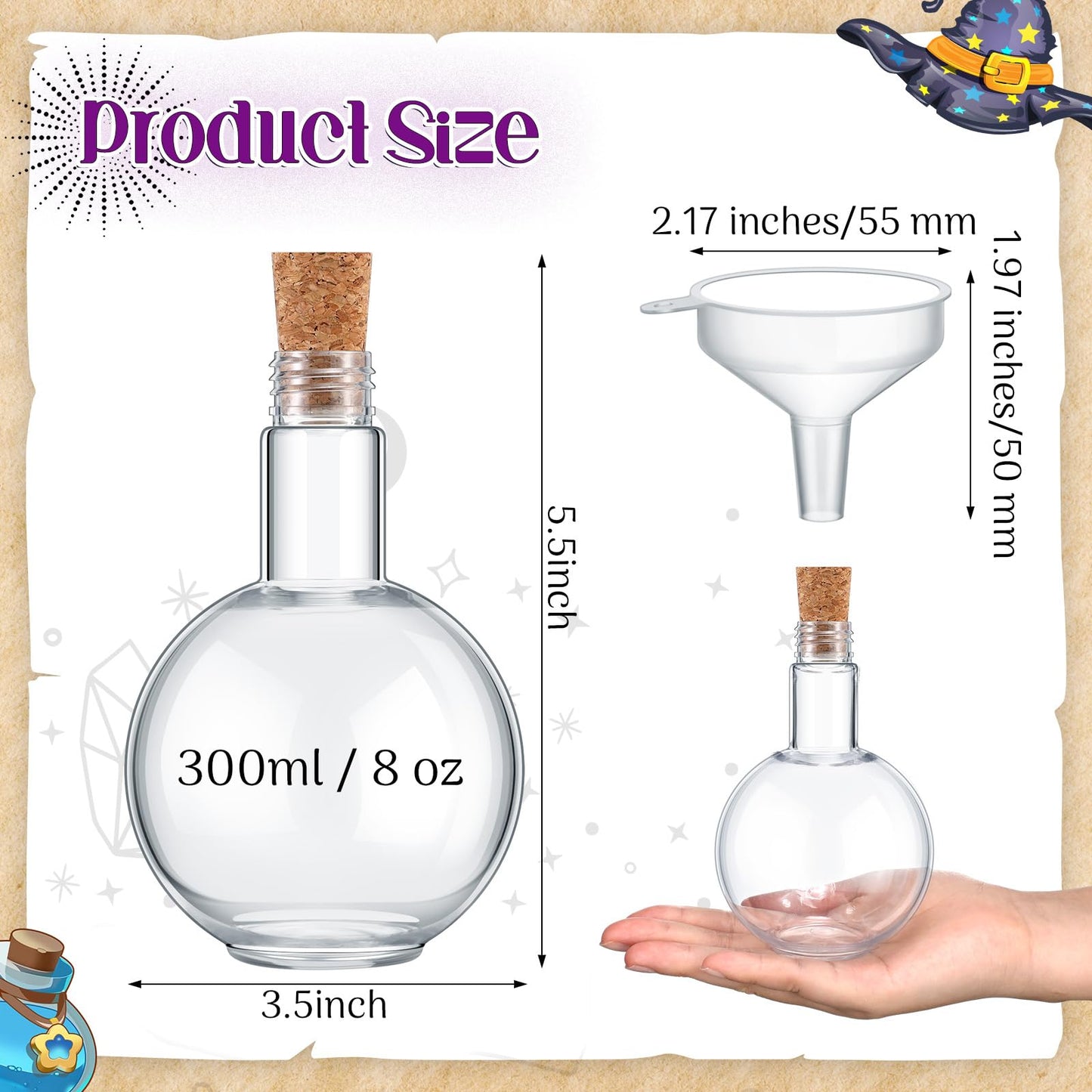 Baderke Plastic Potion Bottles with Cork 8 oz Sand Art Ball Shape Bottles with Funnels Spherical Decorative Candy Jar for Cocktail Witch Costume Props Party DIY Crafts(20 Sets)